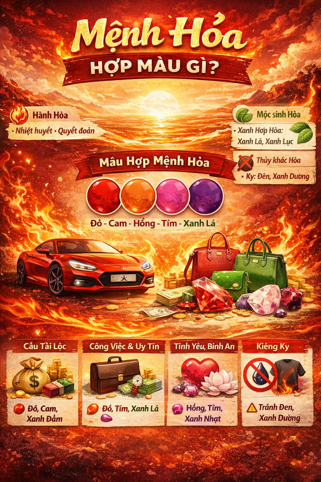 Mệnh Hỏa hợp màu gì? Chọn màu kích hoạt tài lộc, sự nghiệp và năng lượng tích cực